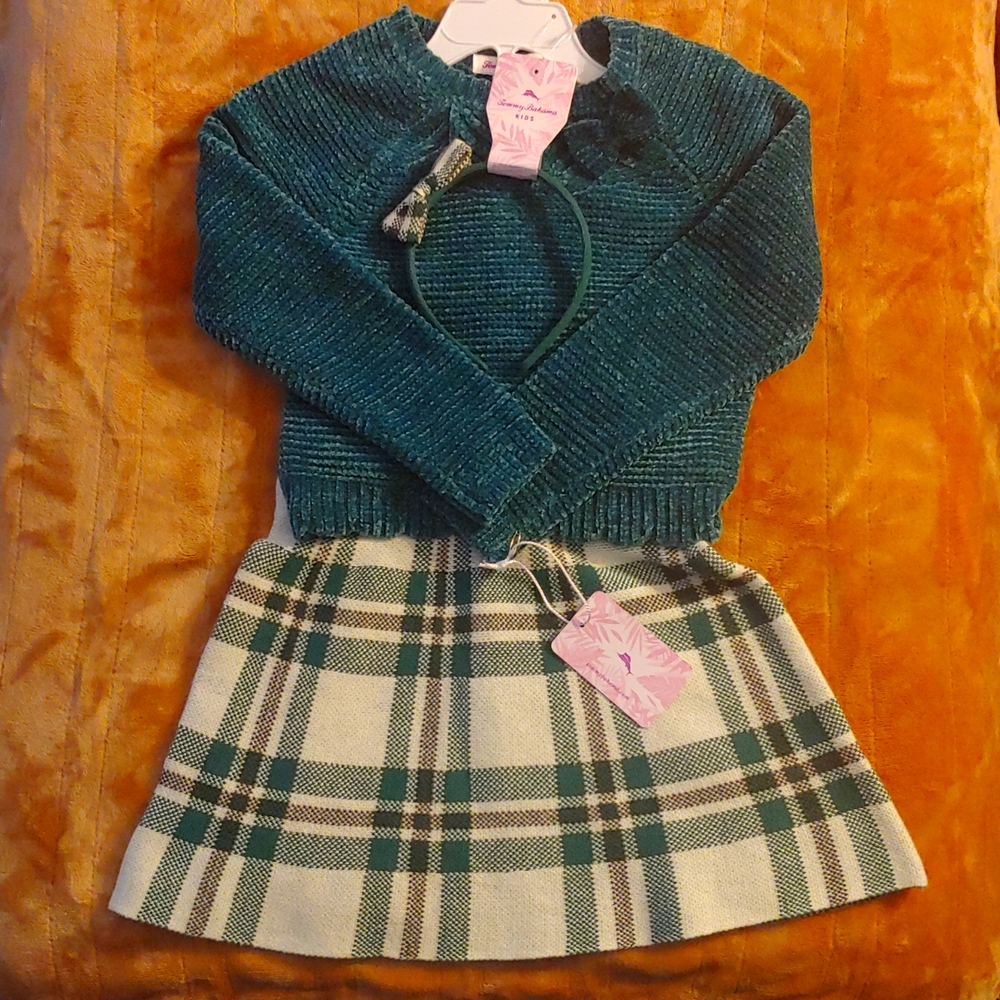 2pc Chenille sweater w/ plaid skirt set and headband